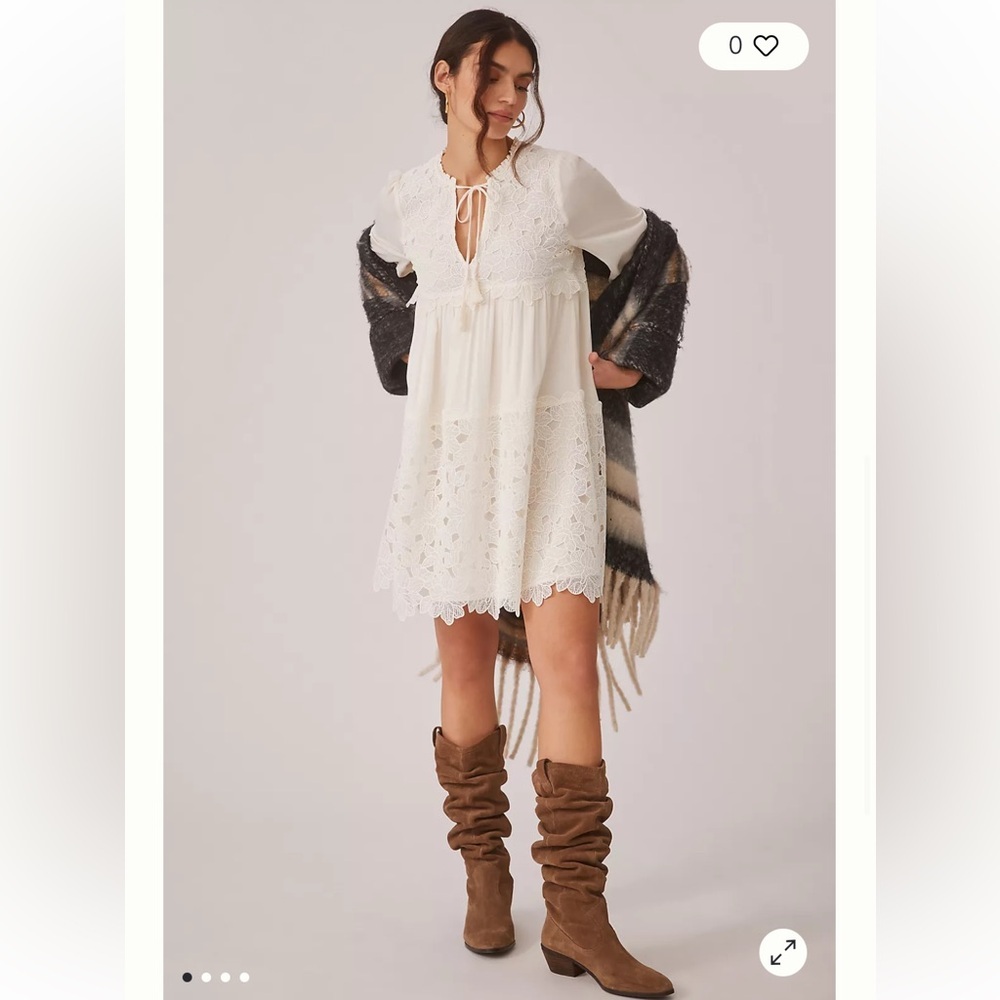 Anthropologie Ivory Embroidered Lace Tunic Dress Size XS